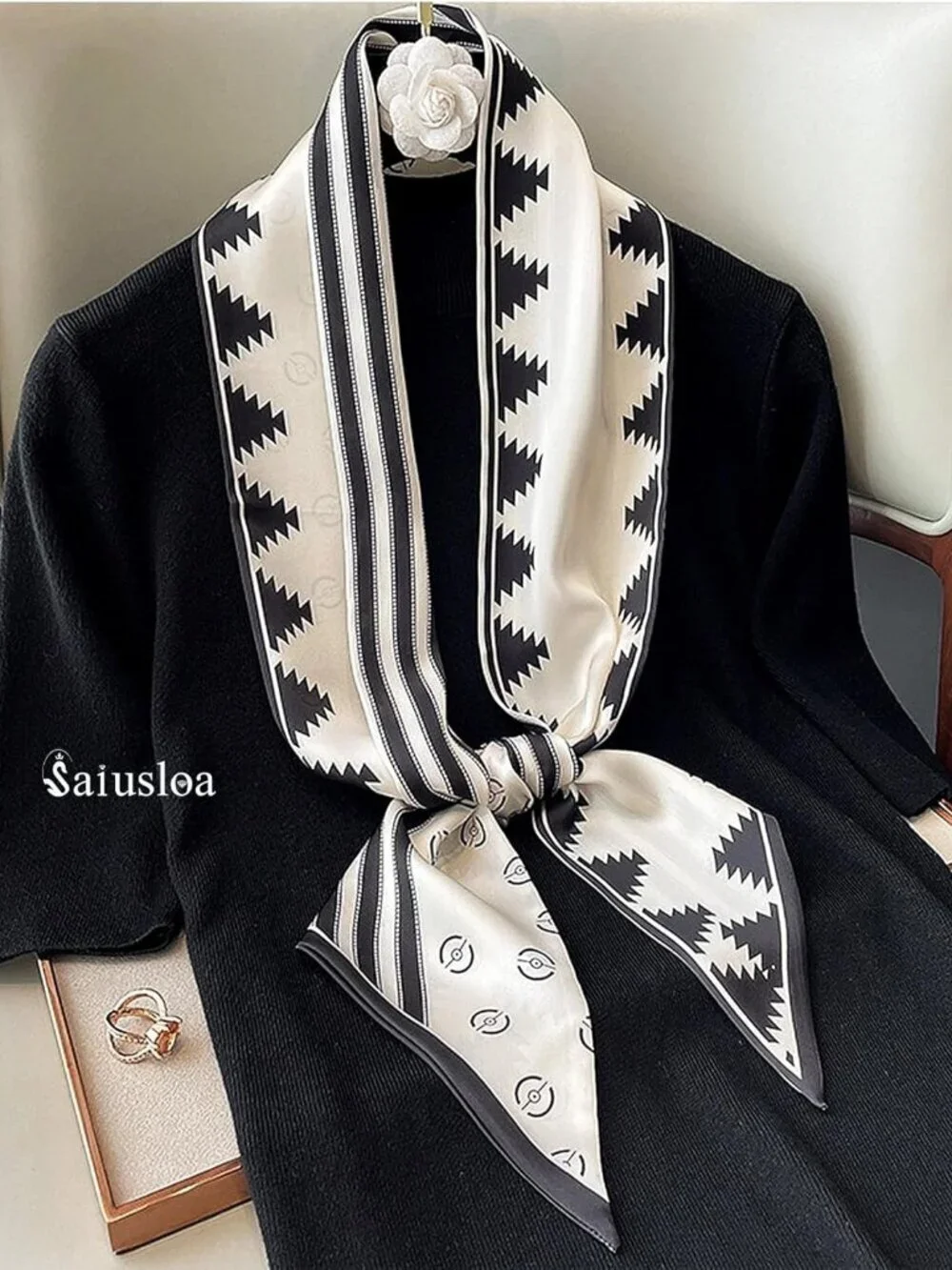 Women's Black and White Geometry Head Scarves Long Skinny Silky Hair Bags Scarf